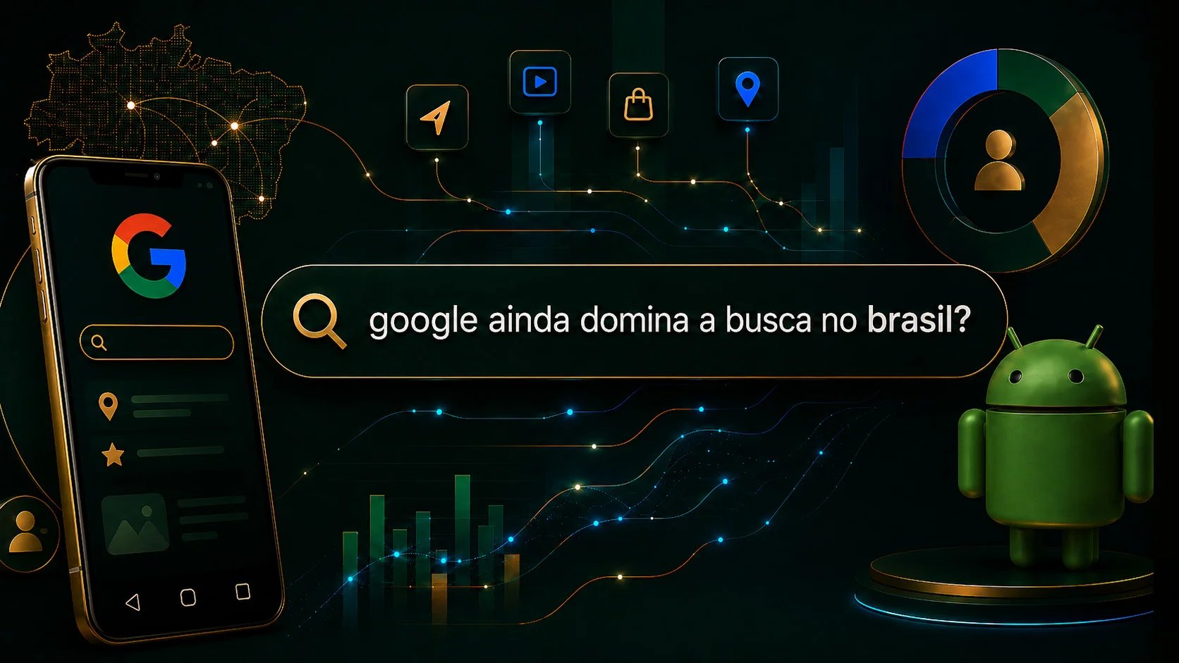 Smartphone com busca do Google, mapa do Brasil e mascote Android representando domínio da busca no país