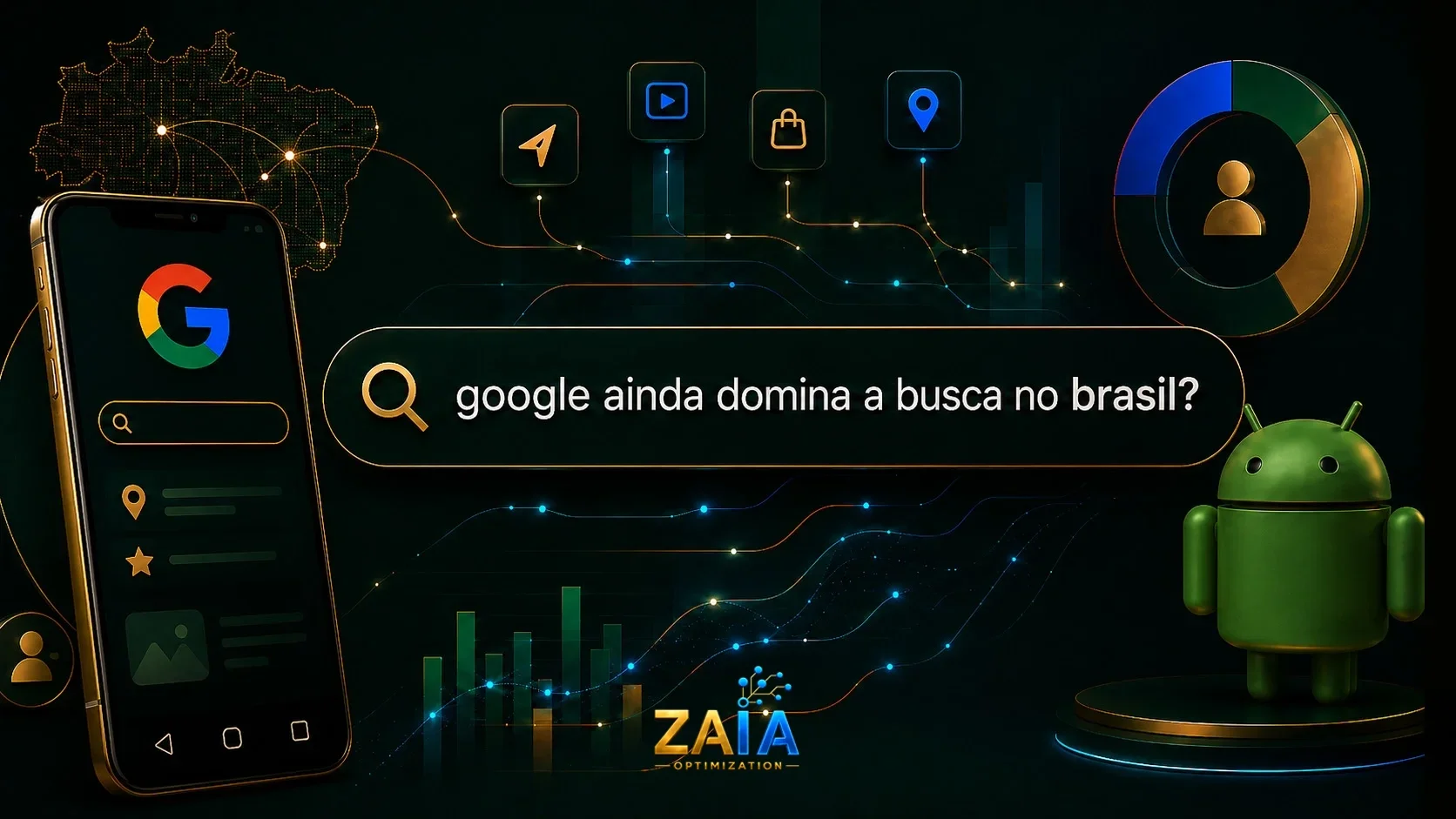 Smartphone com busca do Google, mapa do Brasil e mascote Android representando domínio da busca no país
