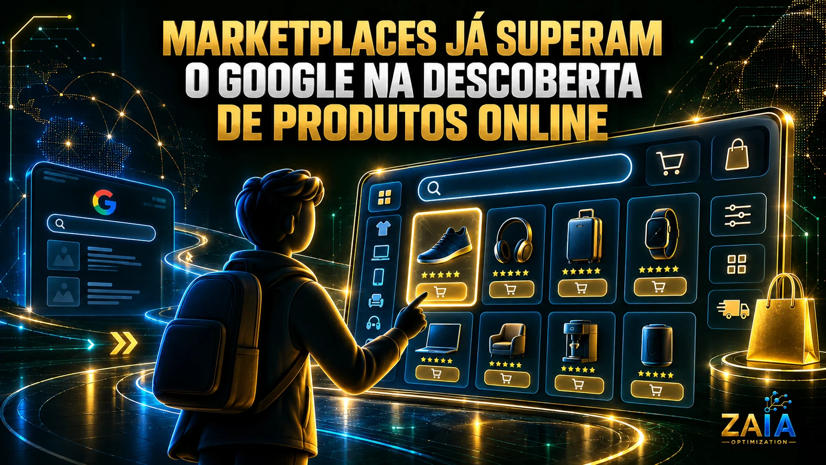 Consumidor explora produtos em um marketplace digital, representando a liderança dessas plataformas na descoberta de produtos online.