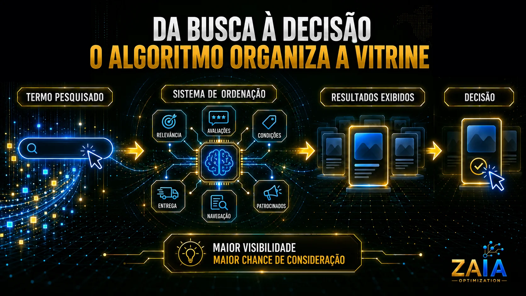 Diagrama mostra como o algoritmo de busca dos marketplaces ordena os resultados e influencia a decisão de compra.