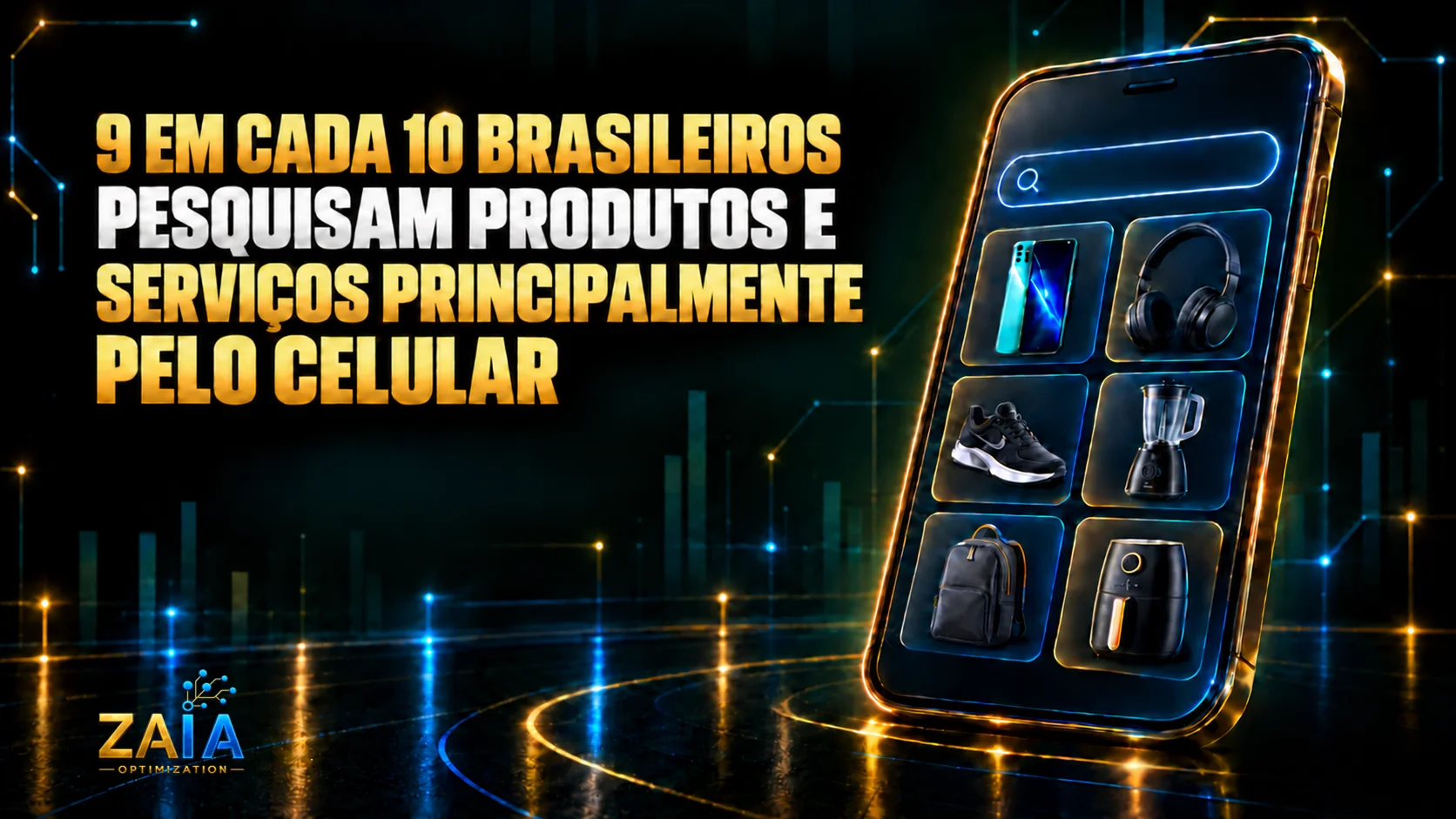 Smartphone com vitrine de produtos representa o uso do celular pelos brasileiros para pesquisar produtos e serviços online.