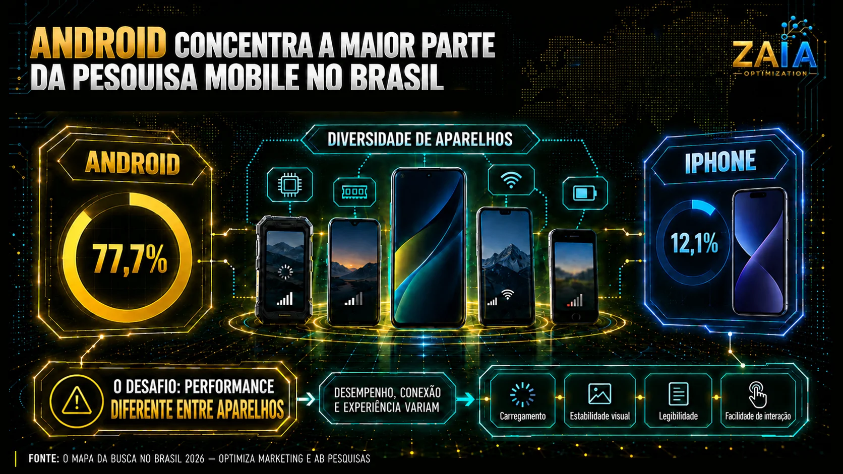 Diversidade de aparelhos Android evidencia diferenças de desempenho, conexão e experiência na pesquisa mobile.