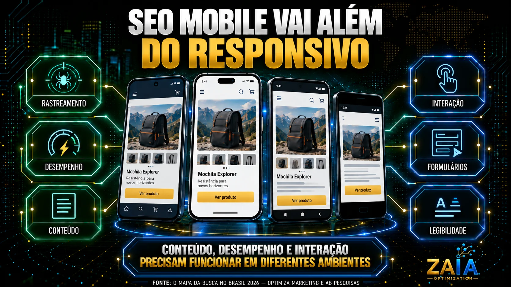 SEO mobile vai além do responsivo com rastreamento, desempenho, conteúdo, interação, formulários e legibilidade em diferentes aparelhos