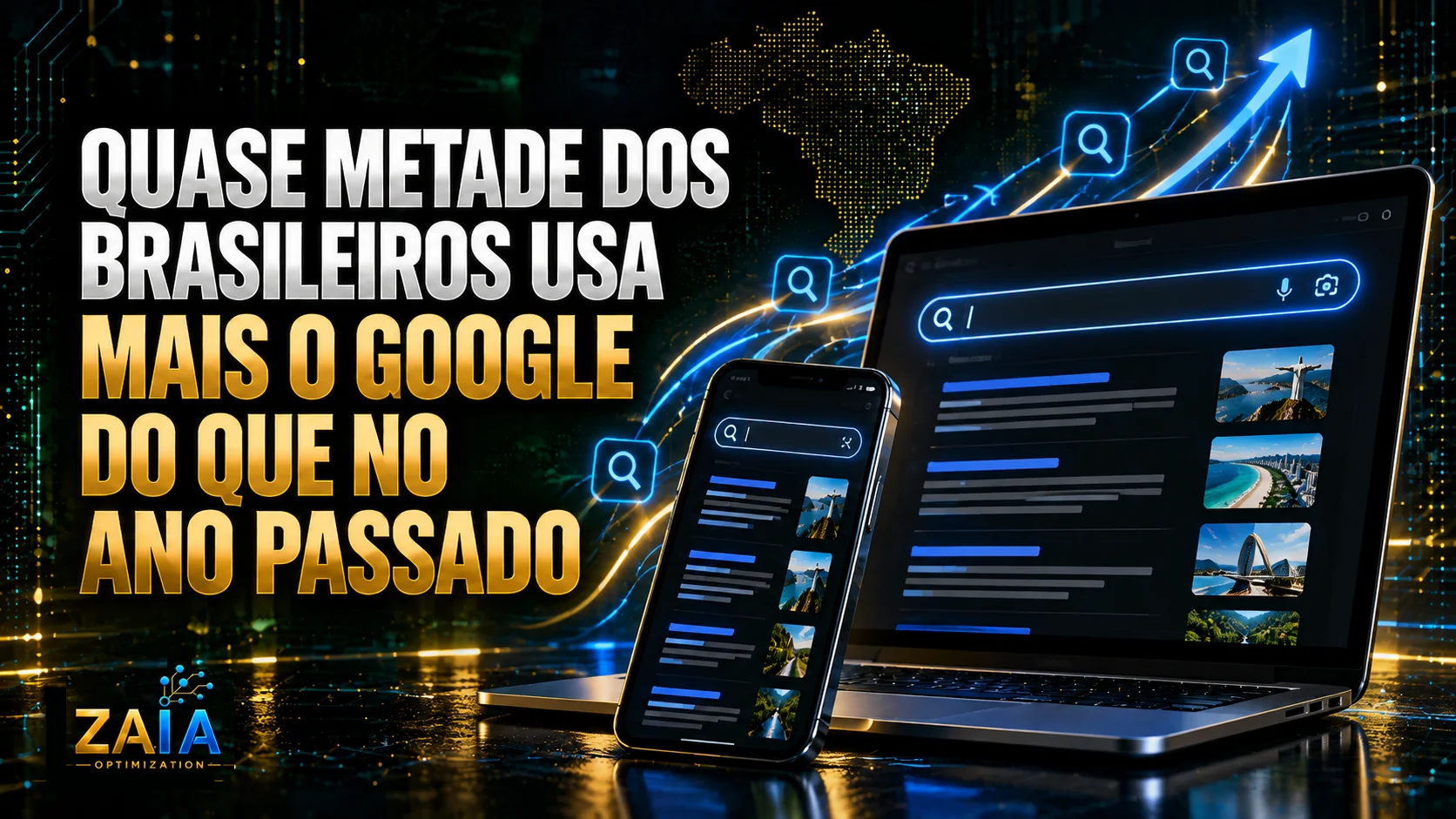 Notebook e smartphone com interface de busca digital e elementos visuais de crescimento, ilustrando o aumento do uso do Google pelos brasileiros