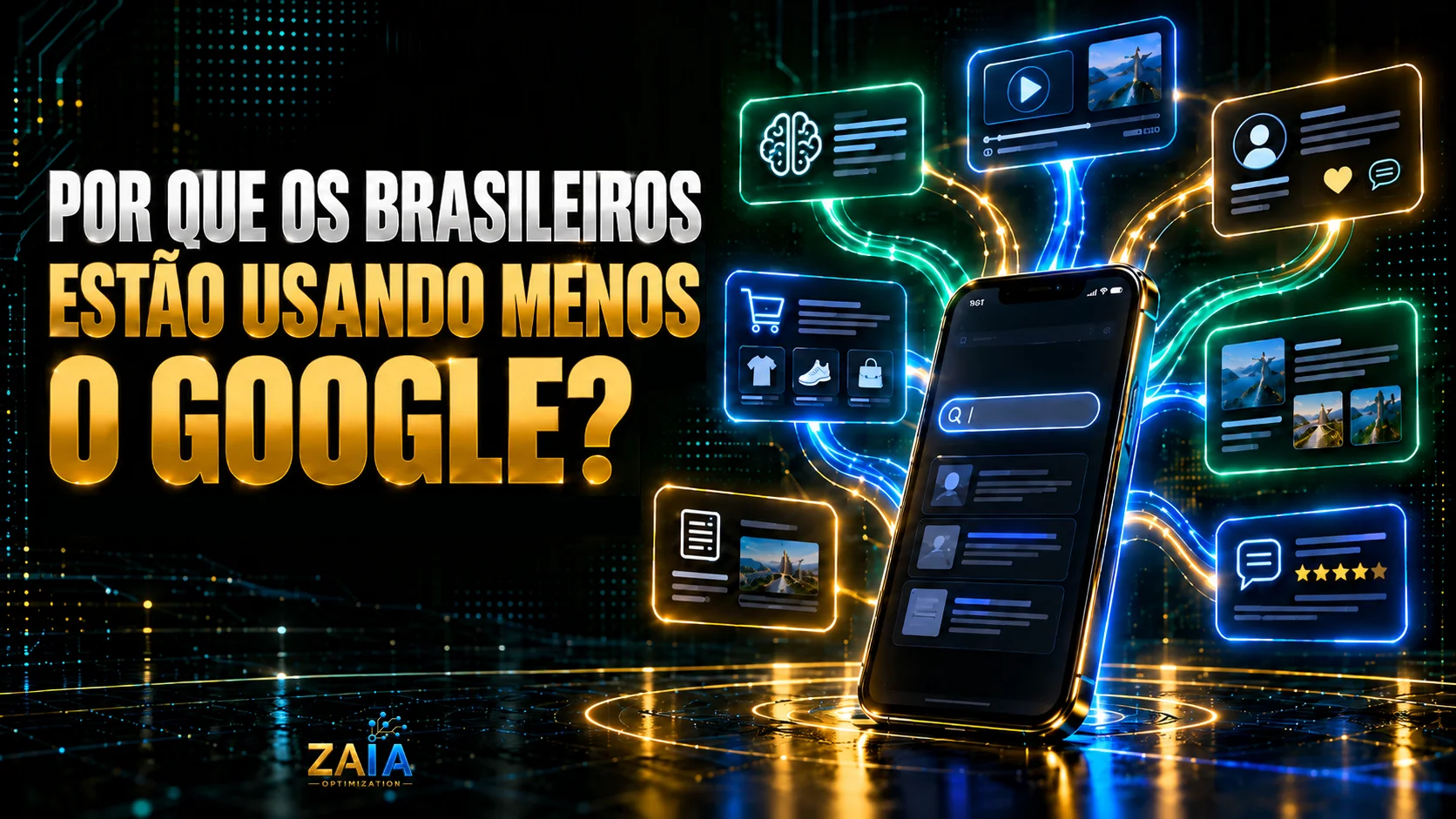 Smartphone conectado a diferentes ambientes digitais, ilustrando a mudança no comportamento de busca dos brasileiros