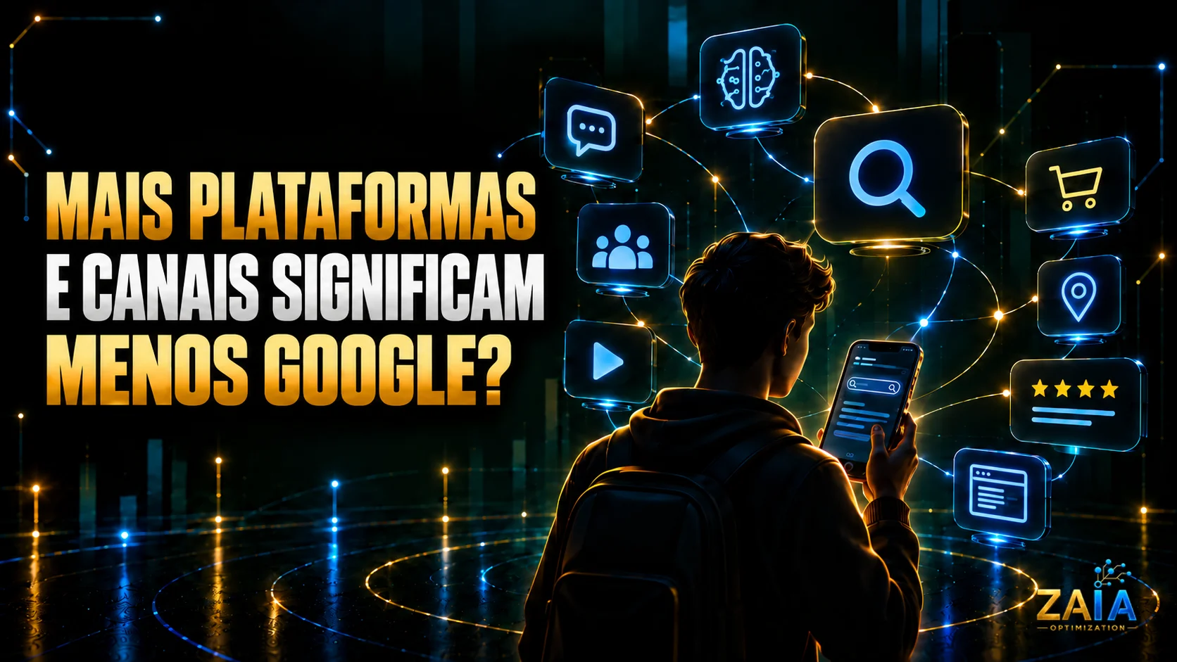 Consumidor conectado a diferentes canais e plataformas digitais, como busca, Inteligência Artificial, redes sociais, marketplace, avaliações e sites