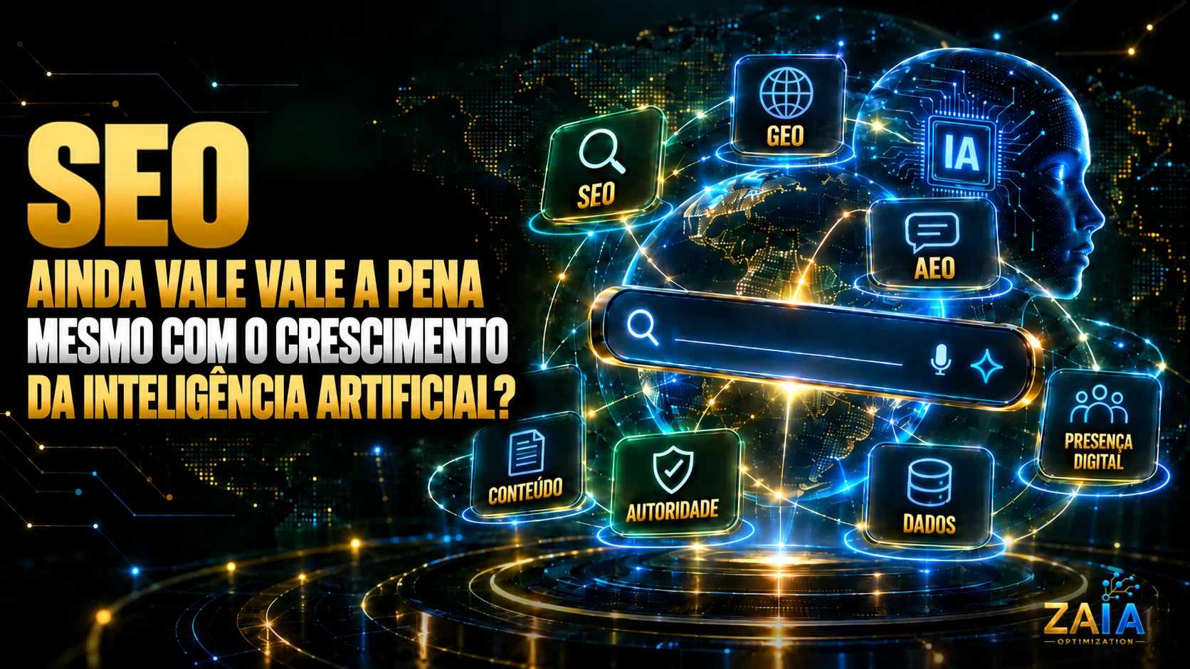 Arte conceitual mostra SEO integrado a Inteligência Artificial, GEO, AEO, conteúdo, autoridade, dados e presença digital