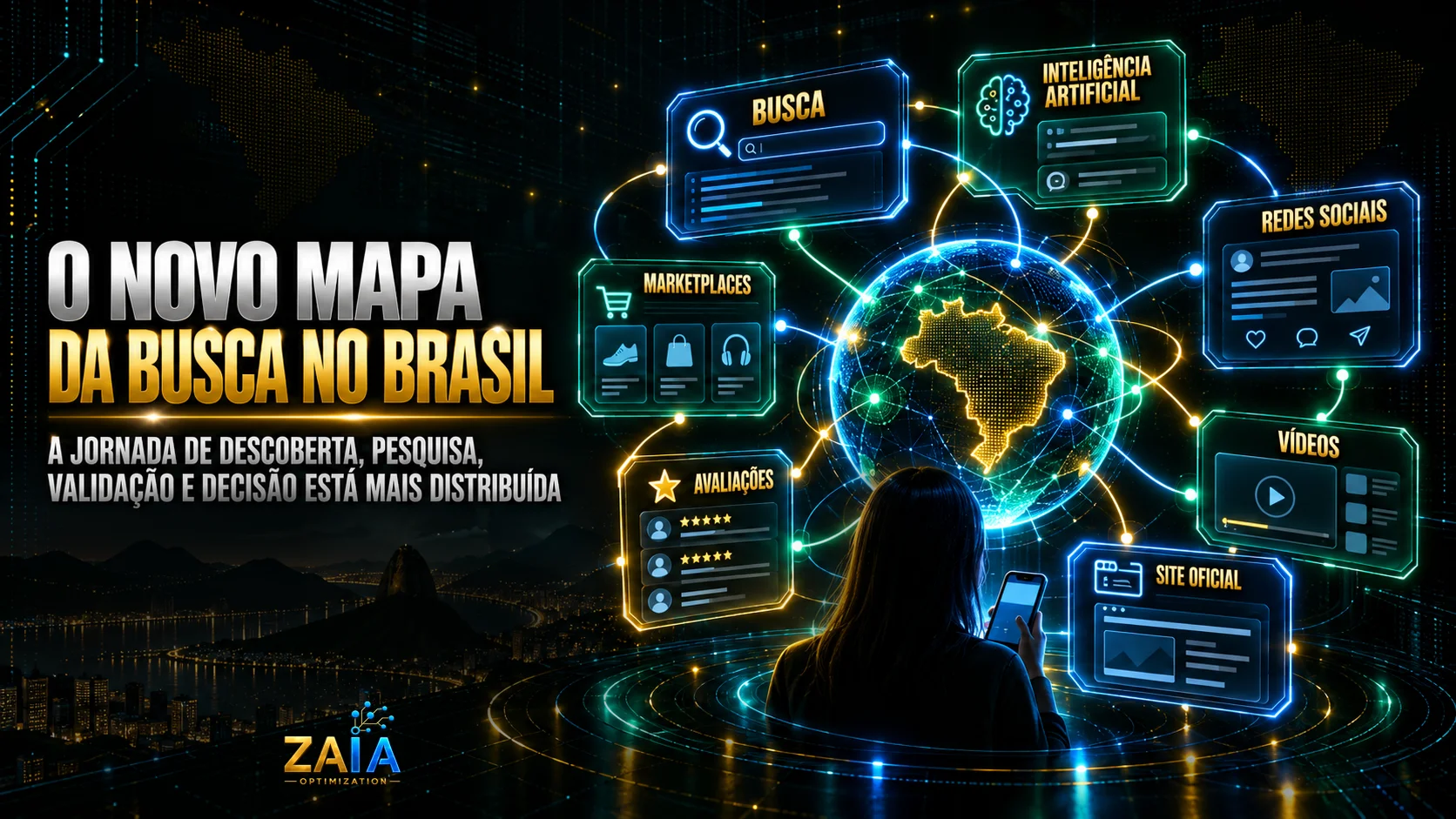 Ilustração editorial sobre o novo mapa da busca no Brasil, mostrando a jornada distribuída entre busca, Inteligência Artificial, redes sociais, marketplaces, avaliações, vídeos e site oficial.