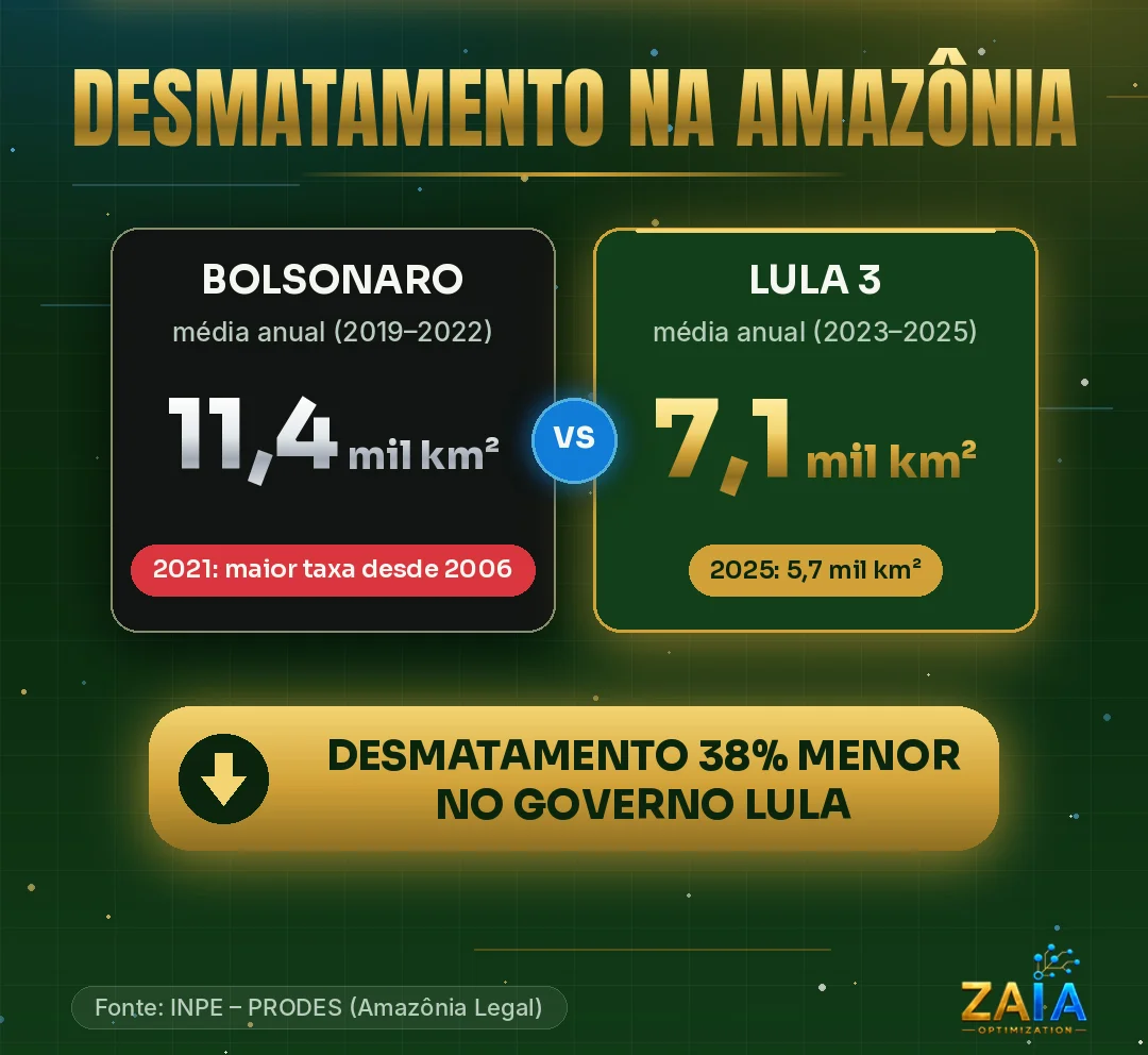 Card “Política data driven nas eleições: dados valem mais do que promessas”. Tema: Desmatamento na Amazônia. Bolsonaro: média anual de 11,4 mil km² desmatados entre 2019 e 2022; em 2021, a maior taxa desde 2006. Lula 3: média anual de 7,1 mil km² entre 2023 e 2025, com 5,7 mil km² em 2025. Destaque: desmatamento 38% menor no governo Lula. Fonte: INPE, PRODES, Amazônia Legal.